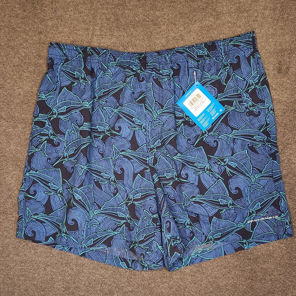 NTW Columbia PFG Mens Large Backcast Water Cargo Short Marlin Allover Print Blue